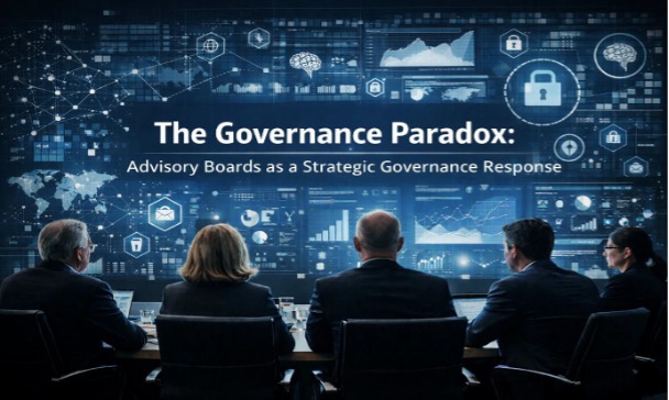 Five executives seated at a conference table facing a large blue digital screen with white charts, graphs, and network icons and the title ‘The Governance Paradox: Advisory Boards as a Strategic Governance Response.