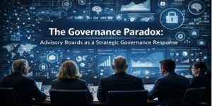 Five executives seated at a conference table facing a large blue digital screen with white charts, graphs, and network icons and the title ‘The Governance Paradox: Advisory Boards as a Strategic Governance Response.